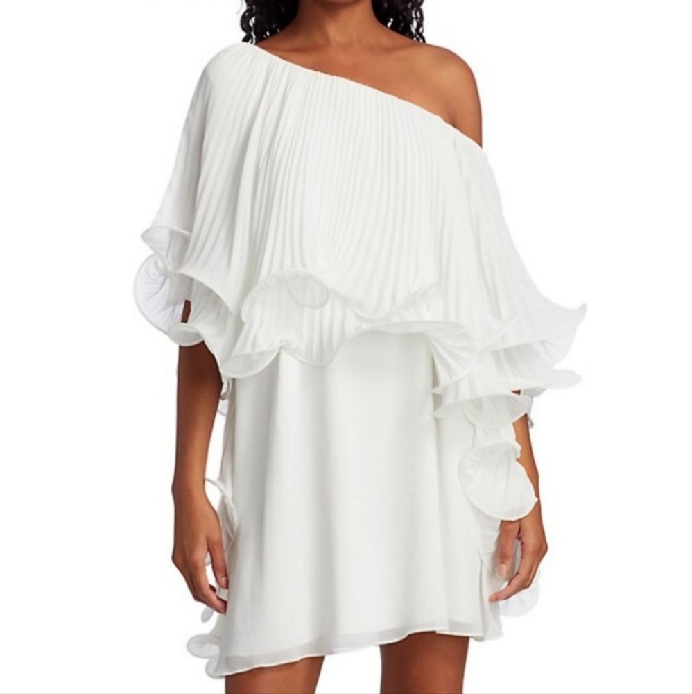 Badgley Mischka Crinkle Asymmetrical One-Shoulder Mini Dress, new